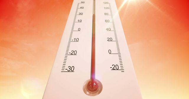 Close-up view of a thermometer registering high temperatures in both Celsius and Fahrenheit during a heatwave. Can be used in articles about climate change, weather reports, summer activities, and heat advisories.