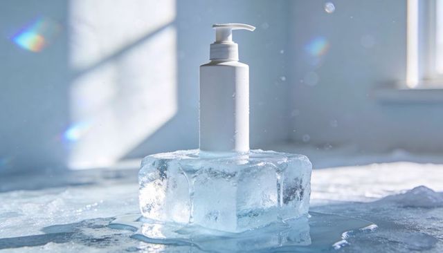 Minimalist white pump bottle on melting ice block with prism light flares for skincare branding