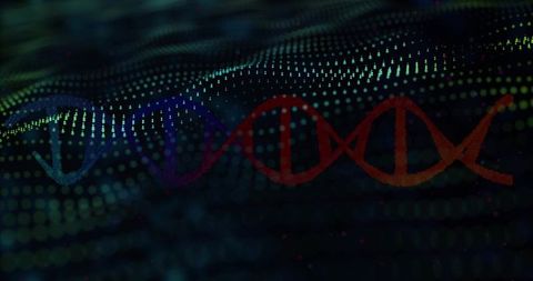 Futuristic dna and data visualization with glowing dots