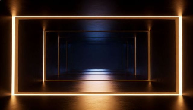 Nested Lit Frames Leading Toward Blue-Lit Recess in Dark Reflective Corridor