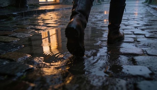 Night rain on cobblestones: boots splashing puddle with warm window reflection