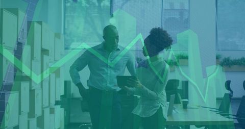 Team Collaboration Amidst Stock Market Data Overlay in Office