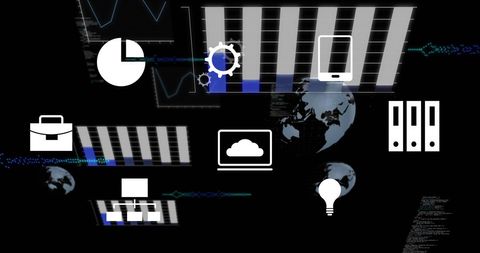 Futuristic Data Visualizations with Technology Icons on Dark Background - Download Free Stock Images Pikwizard.com