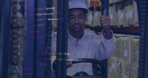 Forklift Operator Giving Thumbs Up with Cybersecurity Code Overlay among Pallet Racks