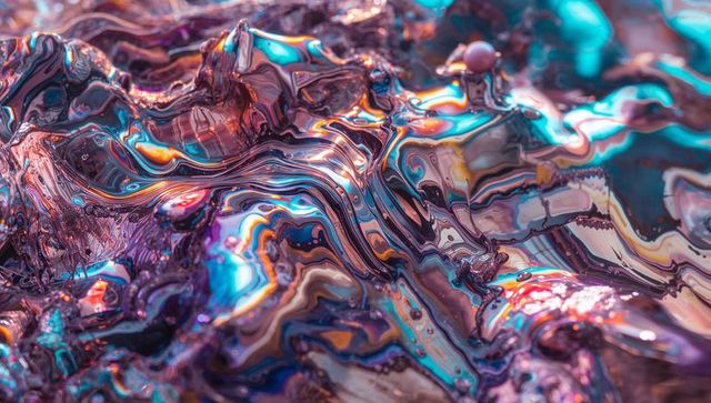 Iridescent pigment swirling in glossy prismatic liquid macro, opalescent abstract texture
