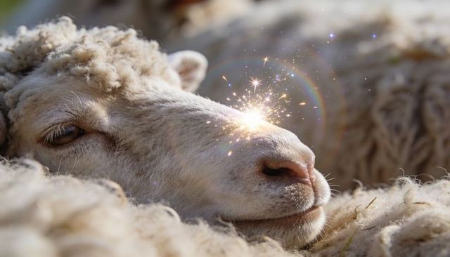 Dozing woolly sheep basking in sunlight with sparkling lens flare and soft fleece