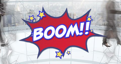 Dynamic boom text overlay on office background