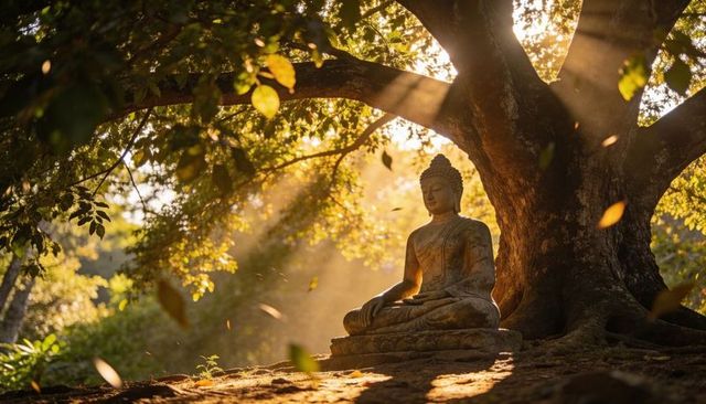 Golden sunbeams bathing ancient stone buddha under sacred tree, calm meditation scene