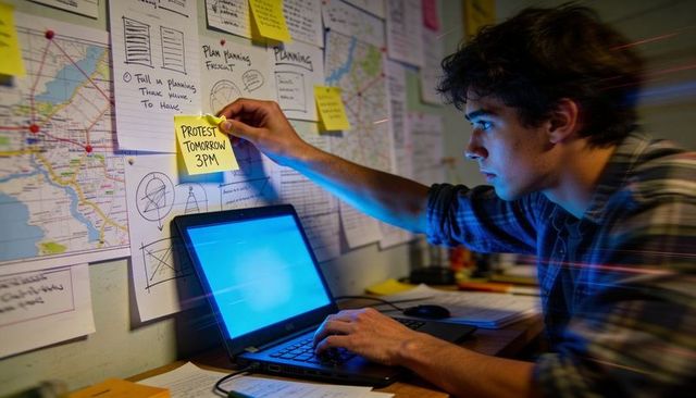 Young activist organizing urban protest at laptop pinning protest tomorrow 3pm note to map wall