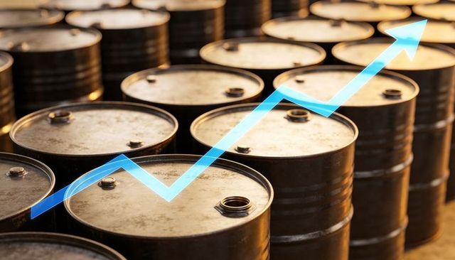 Rising oil prices concept displaying steel drums and upward blue trend arrow