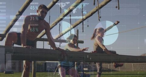 Athletes negotiating timber obstacle course with hud overlay, fitness data and teamwork