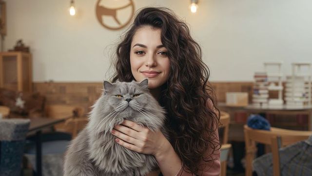 Young woman cradling fluffy gray cat in cozy cat café smiling with warm ambience