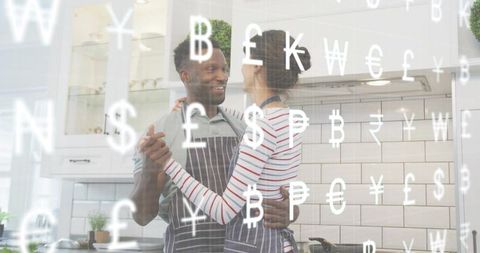 Couple dancing in kitchen wearing striped aprons surrounded by floating currency symbols