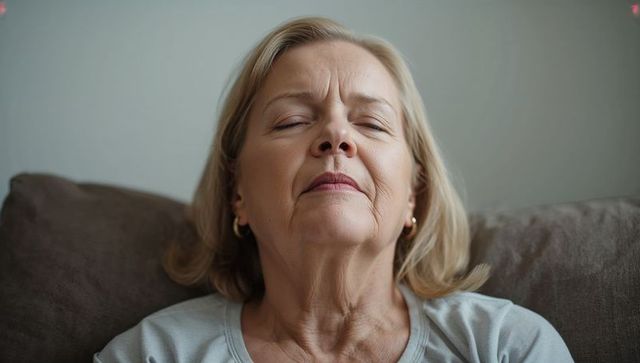 Serene senior woman resting with closed eyes on sofa, intimate closeup home portrait