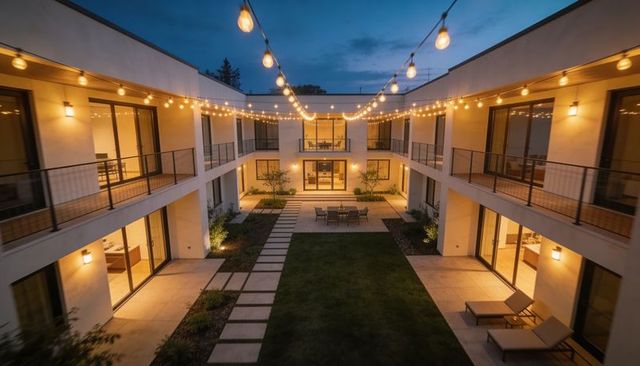 Glowing string lights draping contemporary two-story courtyard at dusk, warm evening ambience
