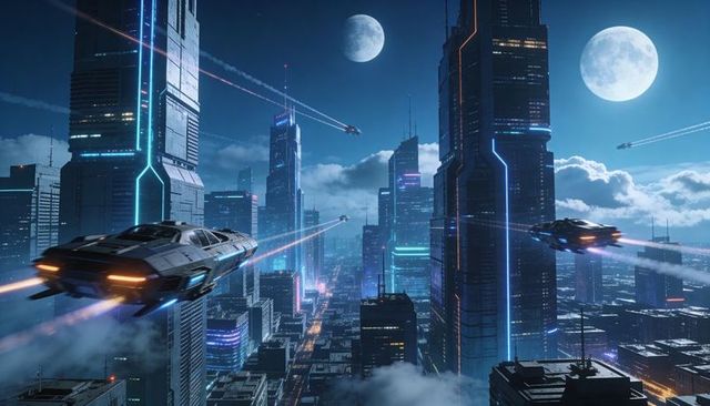 Hovering cyberpunk cityscape with neon trails, twin moons and flying vehicles