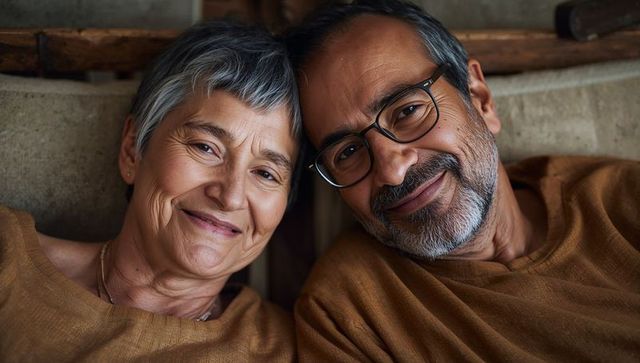 Senior couple leaning close on sofa smiling warmly sharing quiet companionship and trust