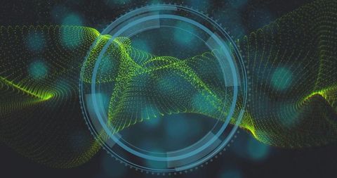 Futuristic hud with neon green particle wave and circular holographic interface