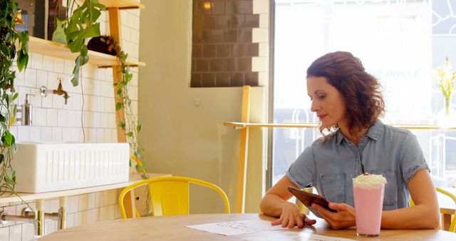 Woman Relaxing at Cafe with Milkshake and Tablet - Download Free Stock Images Pikwizard.com