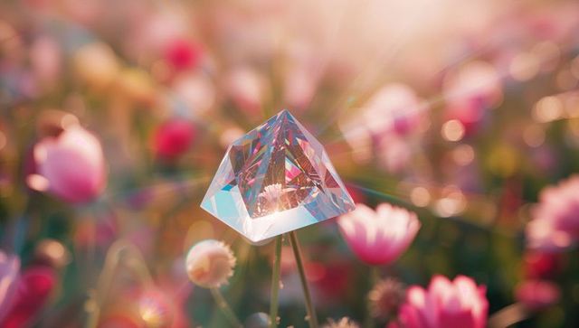 Sparkling crystal prism reflecting sunlight in vibrant flower meadow