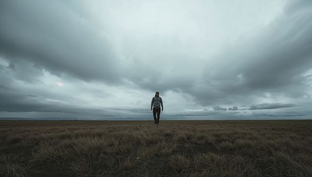 Solitary man walking across vast windswept plain beneath brooding dramatic overcast sky