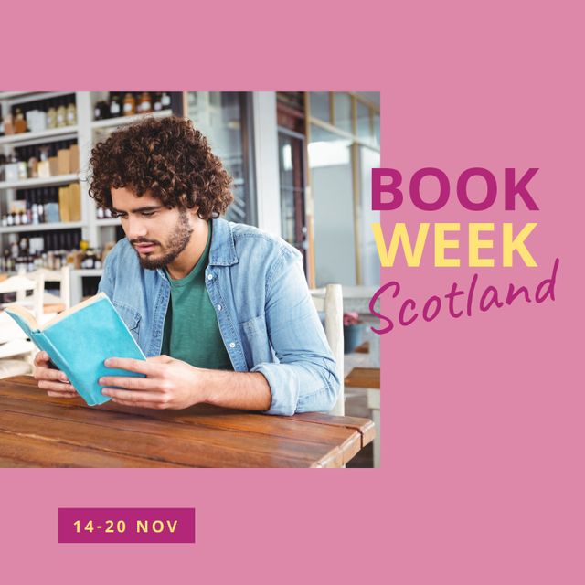 Composition of book week scotland text over caucasian man reading book. Book week scotland and celebration concept digitally generated image.