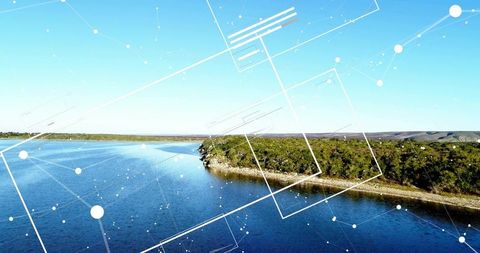 Aerial View of Peaceful Lake with Geometric Overlay Art