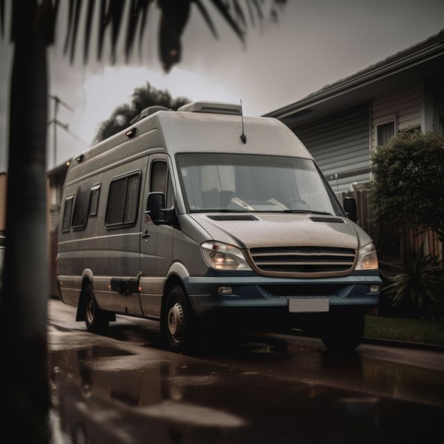 Parked camper van on wet pavement reflecting evening light gives off cozy, adventurous vibe suitable for travel or adventure content. Can use to convey themes of road trips, tropical destinations, rain-soaked roads, outdoor activities, suburban tranquility during vacation.