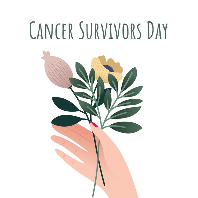 Illustration depicting hand holding flower with 'Cancer Survivors Day' text. Excellent for promoting awareness and support for cancer survivors, creating social media posts, banners, flyers, and digital content emphasizing hope and resilience.