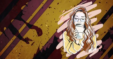 Artistic Woman Sipping Coffee Over Abstract Background