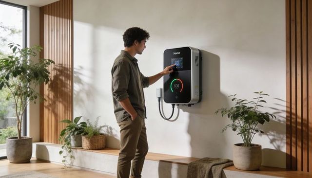 Man adjusting wall-mounted smart ev charger touchscreen in modern minimalist home entryway