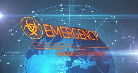 Futuristic biohazard emergency alert over planet network