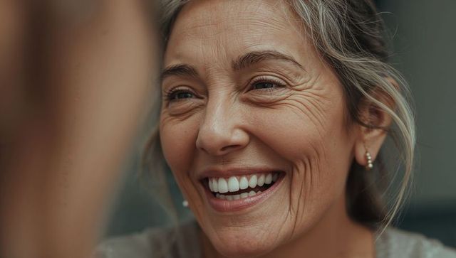 Beaming senior woman close-up showing natural smile, teeth, wrinkles and warm expression