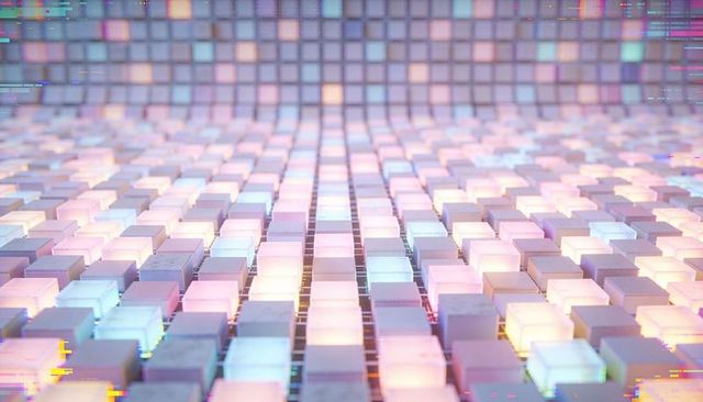 Luminescent voxel grid glowing with pastel cubes and subtle glitch distortion, futuristic