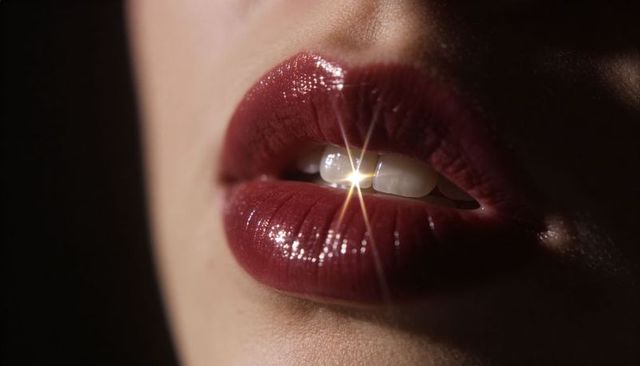 Glossy burgundy lips holding white capsule between teeth with dramatic starburst flare