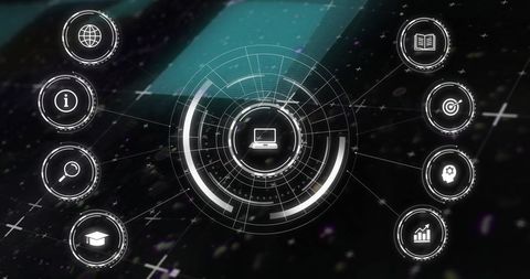 Digital interface with networked technology icons on black background