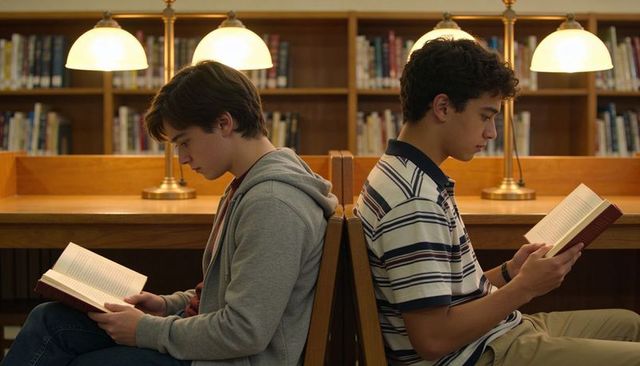 Two teenage boys studying back-to-back in school library under warm brass lamps