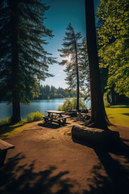 A picturesque lakeside picnic area bathed in sunlight filtering through tall trees. Ideal for nature lovers, promotions for outdoor activities, serene getaway advertisements, or travel brochures highlighting beautiful natural sites.