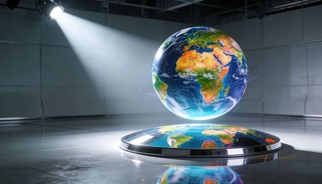 Levitating earth globe over futuristic exhibition platform with spotlight reflection