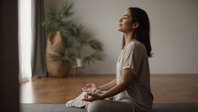 Asian woman meditating at home in linen loungewear, minimalist interior with terracotta plant