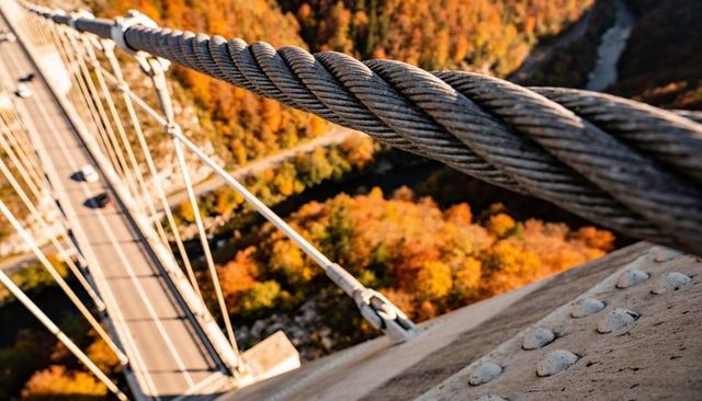 Close-up steel cable on suspension bridge showing roadway and autumn foliage in gorge