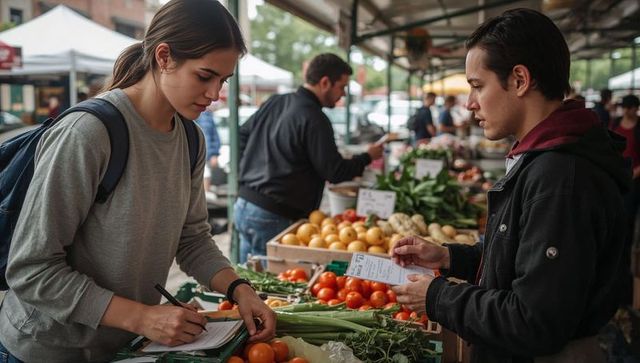 Young adult comparing shopping list with vendor while taking notes at bustling farmers market stall