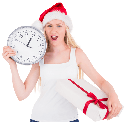 Festive Blonde Woman With Clock and Gift Box, Transparent Background