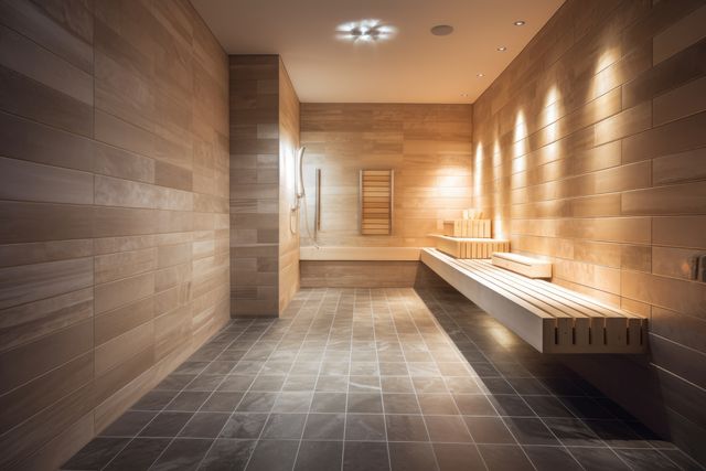 Interior of modern sauna with bench and accessories, created using generative ai technology. Sauna, relaxation and self care concept digitally generated image.