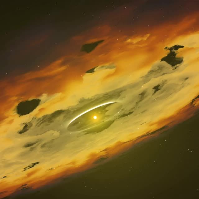 Depicting an artist's impression of the early solar system, this image shows a protoplanetary disk with a young Sun in the center. Jupiter’s gravity influences asteroids and comets, highlighting the dynamism of the formative years of planetary bodies. This can be used in educational materials, scientific publications, and space exploration content to illustrate theories about the origins of the solar system and the role of celestial bodies in planet development.