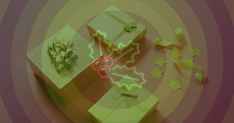 Neon Holly Overlaid on Christmas Gifts with Festive Spiral Background - Download Free Stock Images Pikwizard.com