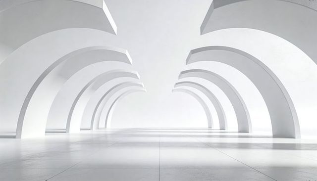 Minimalist white colonnade with semicircular arches creating symmetry and deep perspective