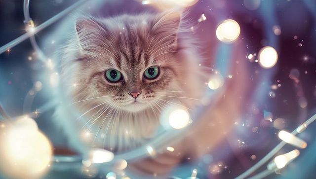 Long-haired tabby cat among enchanting led lights