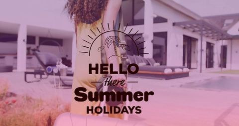 Woman holding rolling suitcase walking to poolside villa in yellow sundress