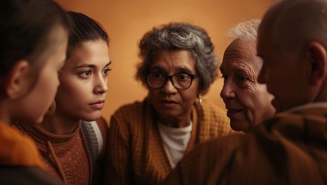 Teen listening during multigenerational family conversation in warm tones